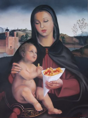 “De eerste bekoring van Christus” (pastelkrijt, 2012, privécollectie) van Dominique David keert de religieuze iconografie speels om en plaatst het puntzakje frieten centraal in een devotionele scène, ergens tussen humor en tederheid. La%20premi%C3%A8re%20tentation%20du%20Christ_WEBP